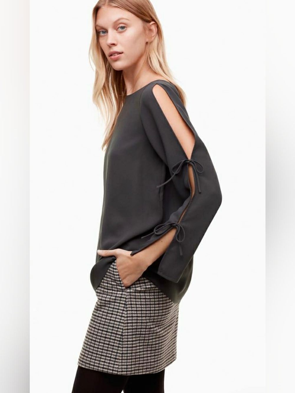 Wilfred Light Gray Cold-Shoulder Tie-Sleeve Blouse